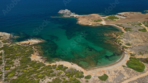 Aerial drone photo of famous bay and sandy beach of Agios Petros in Northern Skiros island, Sporades, Greece