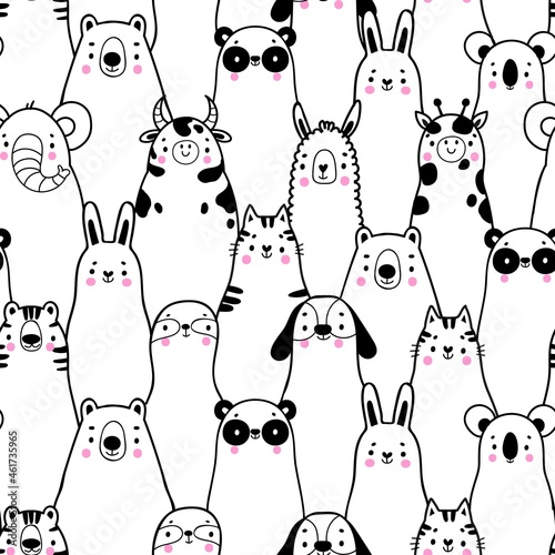 Seamless kids pattern with cute animals. Handdrawn style. Funny tiger, sloth, panda, bear, giraffe, cow, dog, rabbit, llama, koala, cat. Vector illustration