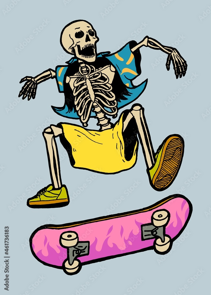 Skeleton Skater. Skeleton in shorts and Hawaii shirt jumping on skateboard.  Skateboarding character isolated. Stock-Vektorgrafik | Adobe Stock