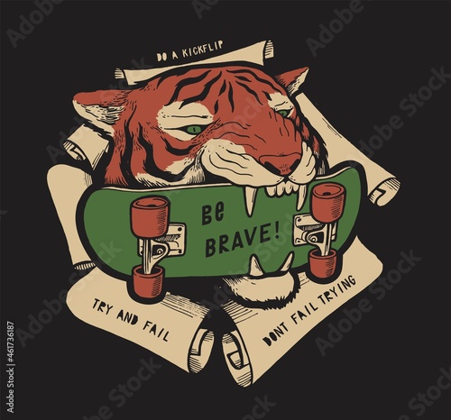 Tiger skater t-shirt print. Be brave. Tiger head with skateboard in it's teeth. photo