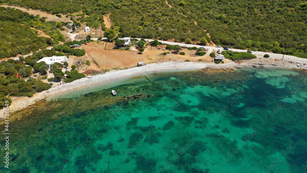 Aerial drone photo of famous sandy beach of Kyra Panagia in island of Skiros, Sporades, Greece