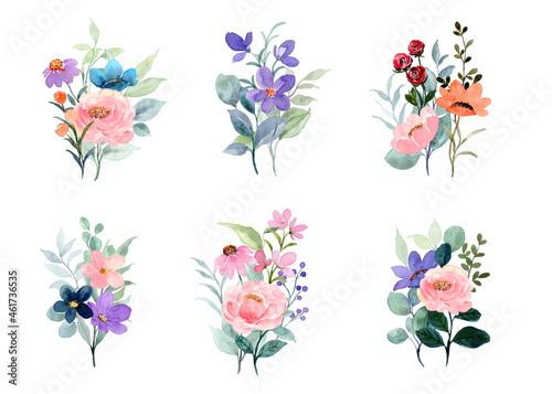 Colorful watercolor floral bouquet collection