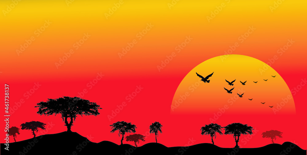 Safari.Flock of birds flying in the sky ,on a beautiful sunset background.amazing scenery.Sunset and sunrise.