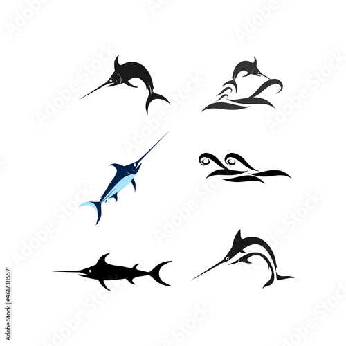 Sailfish fish on white. Striped big marlin. Sports fishing in the open sea. Realistic isolated illustration. Striped marlin on white, fish sword. Black silhouette of a large set of fish.