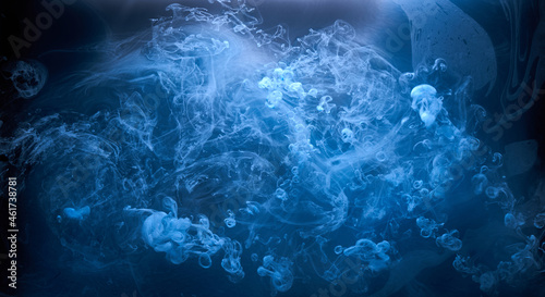 Abstract blue ocean sea background  indigo ink sky  liquid azure paint underwater  swirling smoke wallpaper