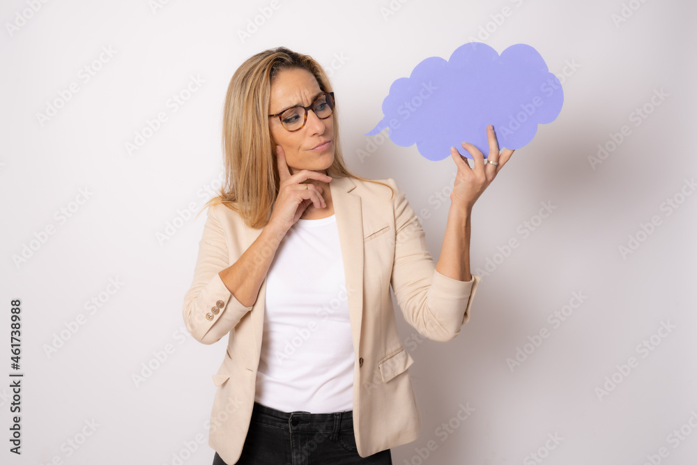 Photo of young attractive woman hold mind paper cloud dreamy curious think finger touch chin isolated over white background Photo of young attractive woman hold mind paper cloud dreamy curious think finger touch chin isolated over white background