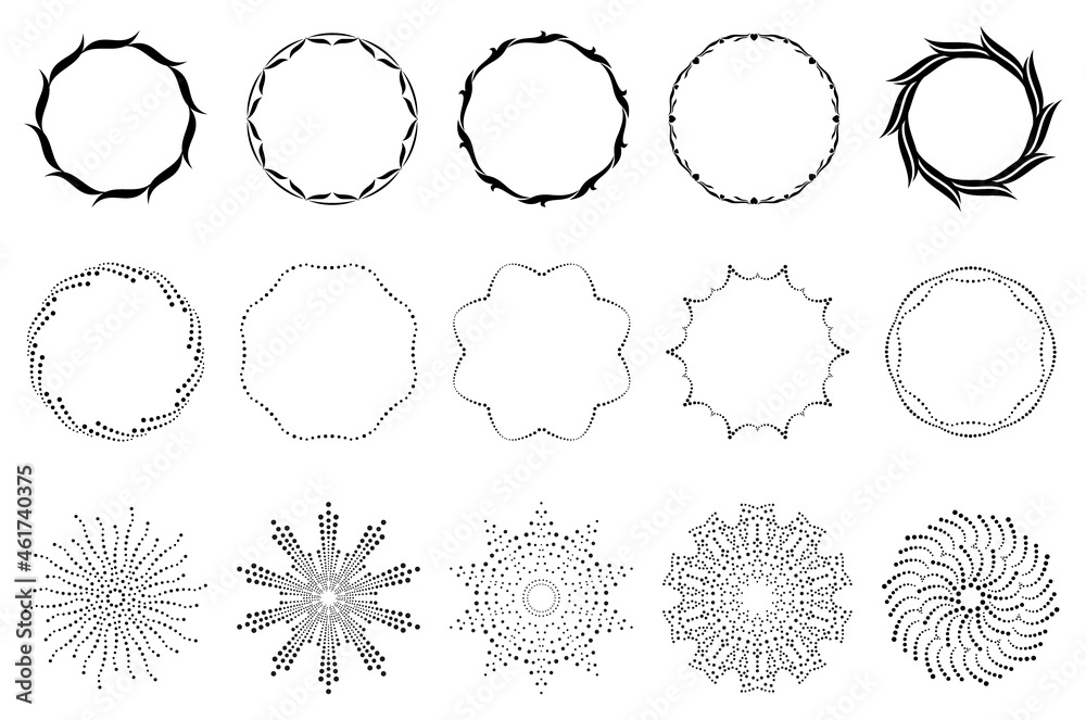 Set of simple frames and dotted backgrounds. Geometric ornaments. Round borders made of dots and decorative elements. Circle pattern. Design background for invitations and holiday cards. Set of simple frames and dotted backgrounds. Geometric ornaments. Round borders made of dots and decorative elements. Circle pattern. Design background for invitations and holiday cards.