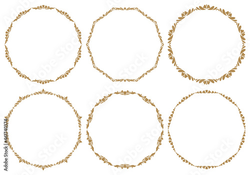 Set of decorative frames. Floral ornaments. Round borders made of decorative elements. Circle pattern. Design background for invitations and holiday cards.