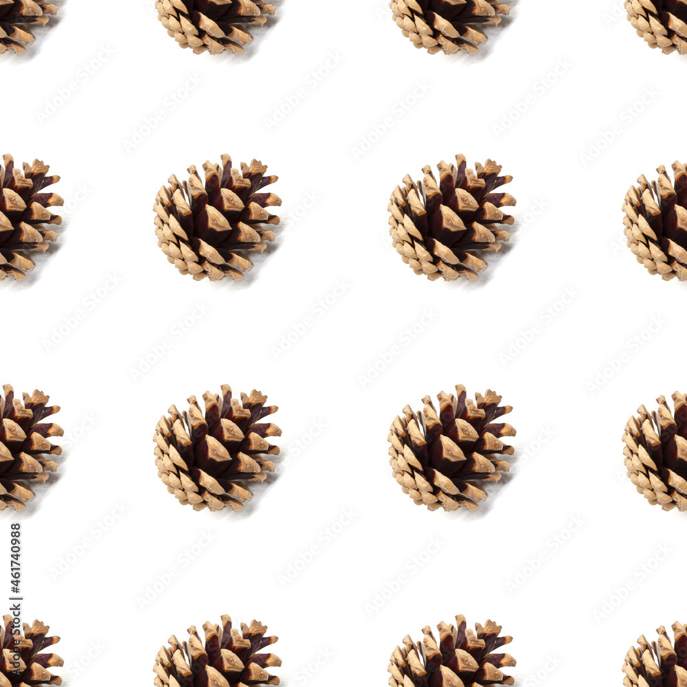 Dry pine cone seamless pattern isolated on white background. Symbol of Christmas and New Year. Autumn and winter season concept. Design element Dry pine cone seamless pattern isolated on white background. Symbol of Christmas and New Year. Autumn and winter season concept. Design element