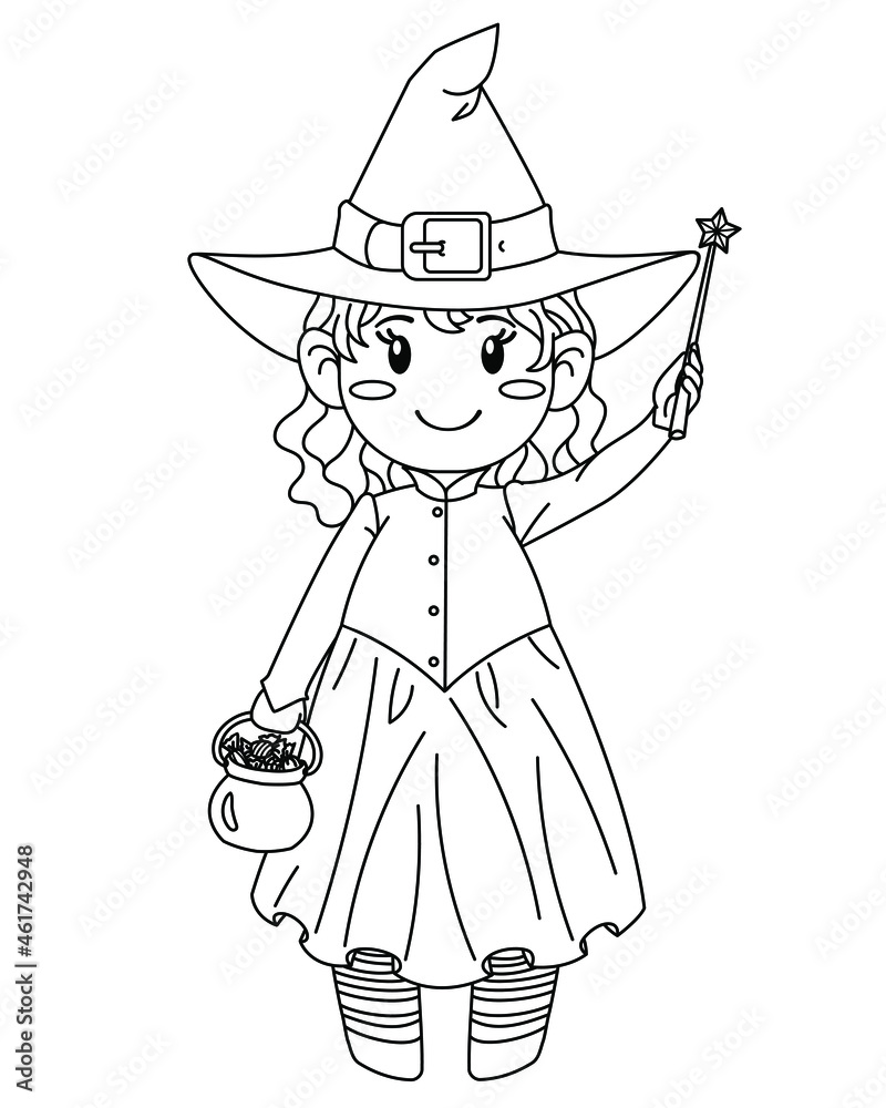 Cute little girl witch with magic wand. Halloween character. Vector illustration for coloring page, print, greeting and invitation card.