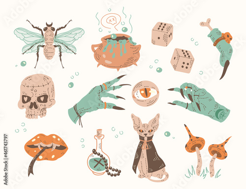 Mystical magical witchcraft elements. Big collection of decorative doodle icons for halloween. Vector line art