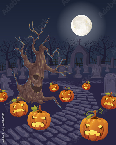 Halloween pumpkins and dark cemetery on Moon background. Halloween horror illustration. Night background.