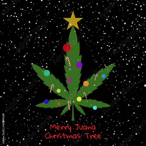 Merry juana christmas and happy new year. Cannabis leaves decorated with christmas ornaments, isolated on background. White snowflakes on a black background. Vector illustration. photo
