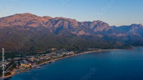 Aerial view hotels on the Mediterranean coast on the Turkish Riviera in the vicinity of Kemer