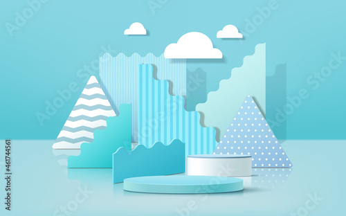 3d rendering of podium and abstract geometric with empty space for kids or baby product.
