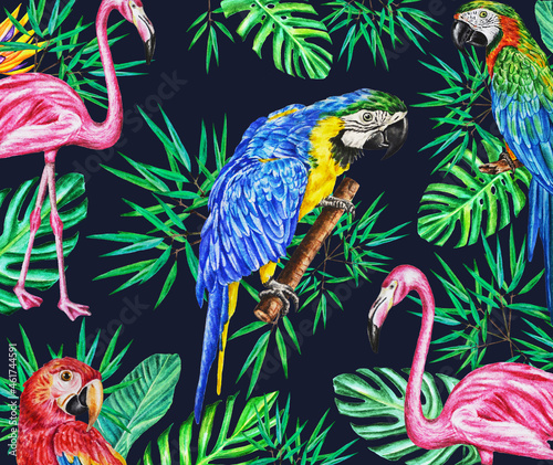 Tropics. Watercolor  pattern on a dark background  with  macaw parrots,  pink flamingo, jungle leaves. The idea of design, textiles, packaging, wallpaper and more.
