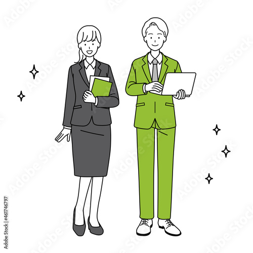 Illustrations of job hunting and full-body drawings of men and women.