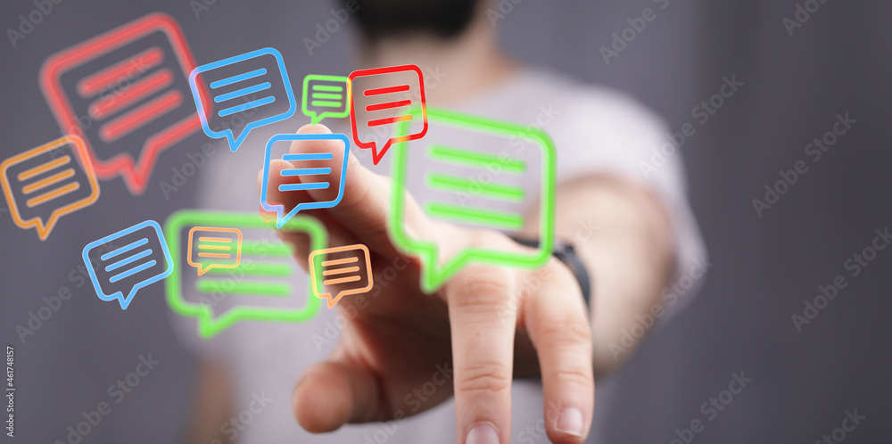 touching 3D rendering flying email icon with his fin touching 3D rendering flying email icon with his fin