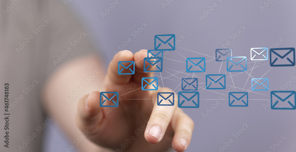 touching 3D rendering flying email icon with his fin touching 3D rendering flying email icon with his fin