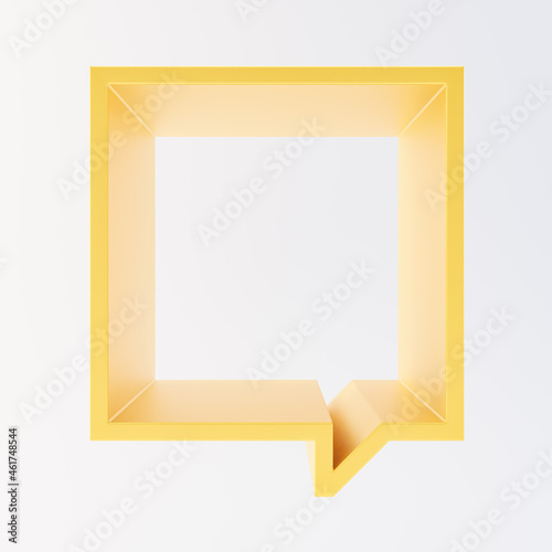 Abstract scene with yellow square empty frame-podium or shelf. Shape looks like a quote bubble. Mock up design for showcase, display case, shopfront. 3d render.