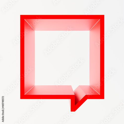 Scarlet Red square empty frame-podium or shelf. Shape looks like a quote bubble. Mock up design for showcase, display case, shopfront. Wealth and power color. 3d render.