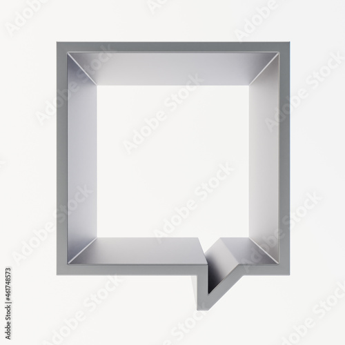 Dark Zinc, grey square empty frame-podium or shelf. Shape looks like a quote bubble. Mock up design for showcase, display case, shopfront. Shades of grey color. 3d render.