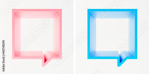 Set of scene with soft pink and cyan blue square empty frame-podium or shelf. Shapes looks like a quote bubble. Mock up design for showcase, display case, shopfront. Fresh, modern color. 3d render.