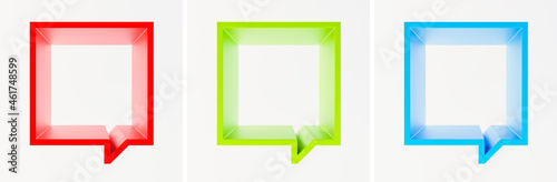 Set of scene with red, green and blue square empty frame-podium or shelf. Shapes looks like a quote bubble. Mock up design for showcase, display case, shopfront. Fresh, modern color. 3d render.