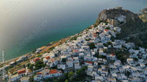 Aerial drone photo of breathtaking and picturesque uphill medieval castle and main village of Skyros island with scenic views to Aegean sea, Sporades islands, Greece