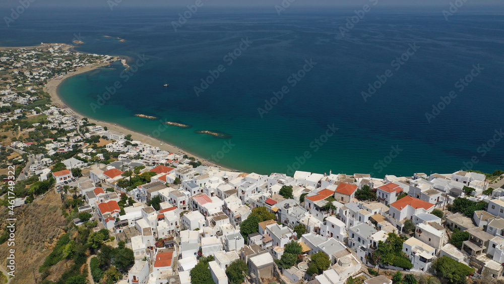Aerial drone photo of breathtaking and picturesque uphill medieval castle and main village of Skyros island with scenic views to Aegean sea, Sporades islands, Greece