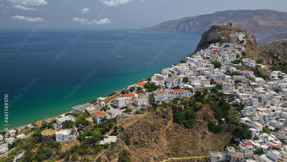 Aerial drone photo of breathtaking and picturesque uphill medieval castle and main village of Skyros island with scenic views to Aegean sea, Sporades islands, Greece