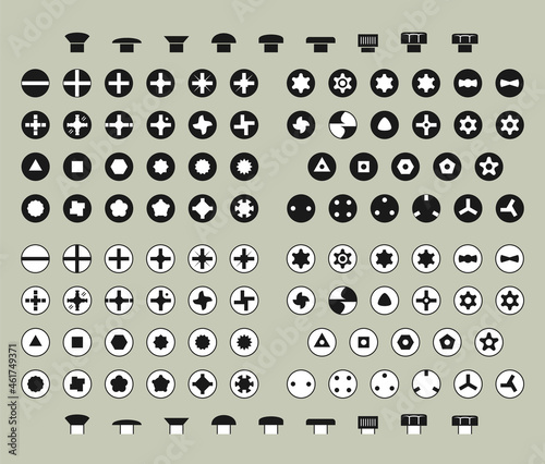 Screw Drive Types and Heads of Screws or Bolts in Glyph Style