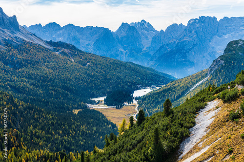 Autumn panorama on Monte Piana. View from the trenches to the three peaks of Lavaredo. Dolomites. © Nicola Simeoni