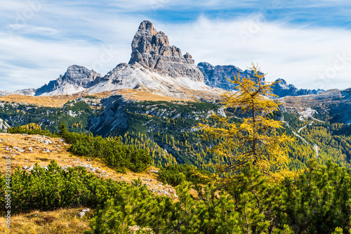 Autumn panorama on Monte Piana. View from the trenches to the three peaks of Lavaredo. Dolomites.