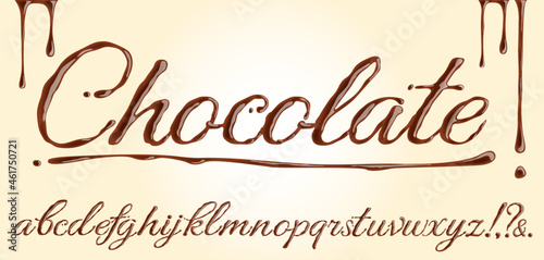 Vector chocolate font on a white background. Latin alphabet. The inscription Chocolate, shiny delicious letters.