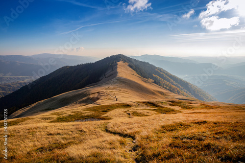 Beautiful autumn mountains in the Carpathians. A walk in the mountains in sunny weather.