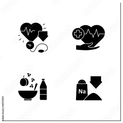 Dash diet glyph icons set. Reducing blood pressure, low sodium, heart-healthy. Healthy food concepts. Filled flat signs. Isolated silhouette vector illustrations