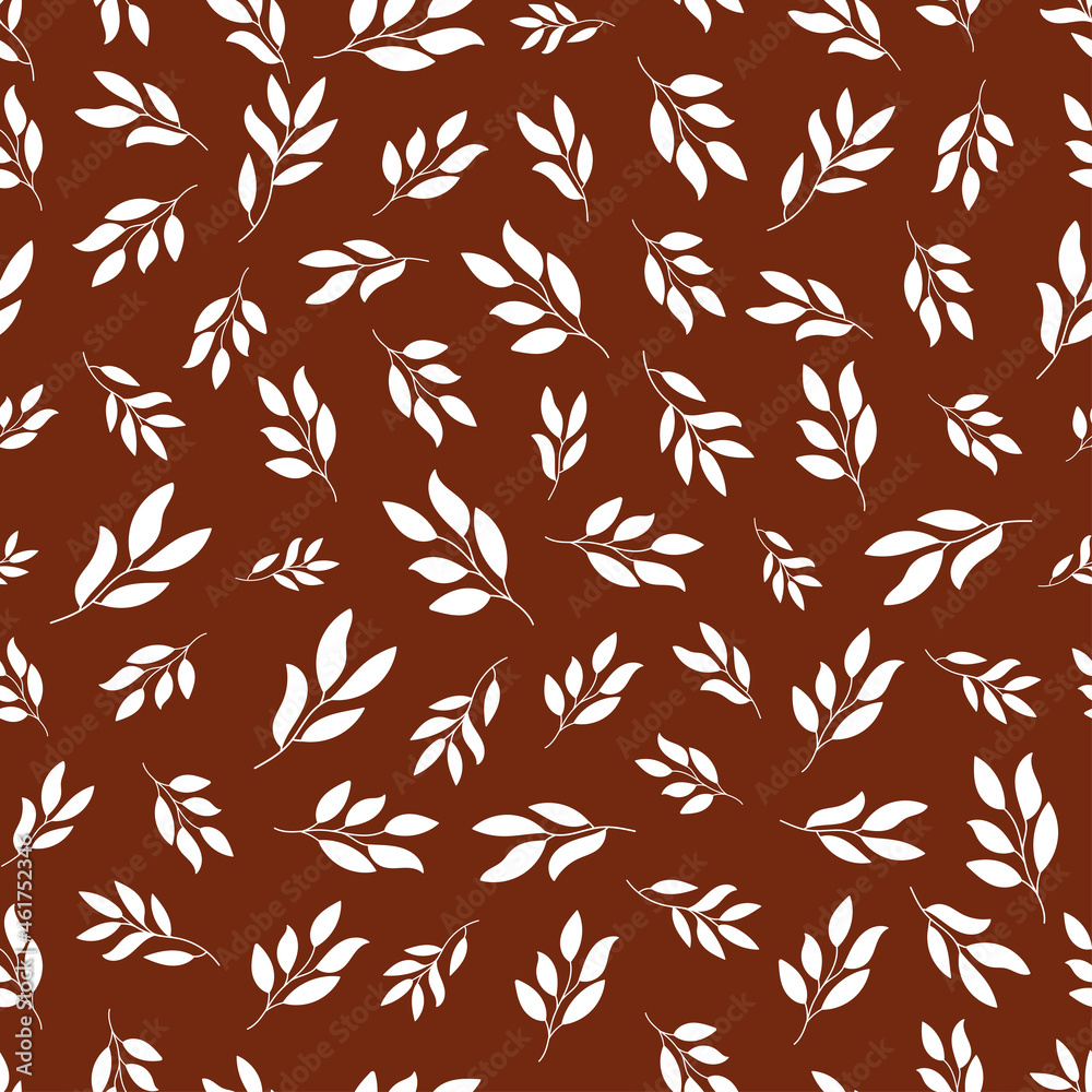 Fototapeta premium White plant leaves seamless pattern with brown background.