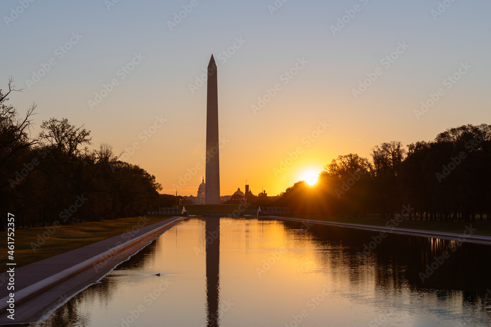 United States Washington Monument at sunset. 