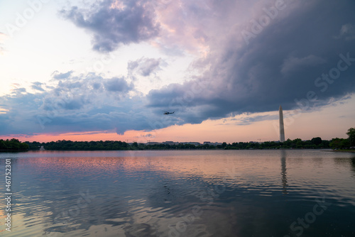 Tidal basin and the Washington monument at sunset. 