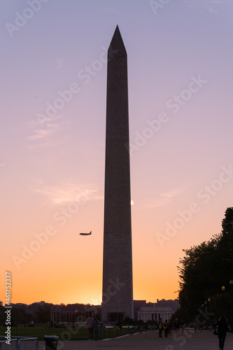 United States Washington Monument at sunset. 