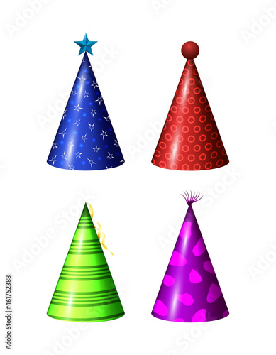 Bright festive caps with different patterns. Vector set of elements.