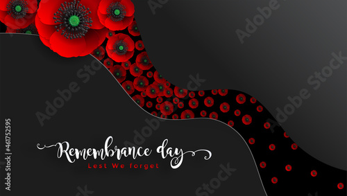 Remembrance day lest we forget. realistic red poppy flower international symbol of peace with paper cut art and craft style on color background.
