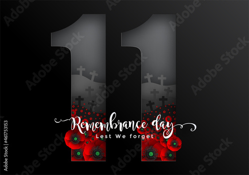 Remembrance day lest we forget. realistic red poppy flower international symbol of peace with paper cut art and craft style on color background. 