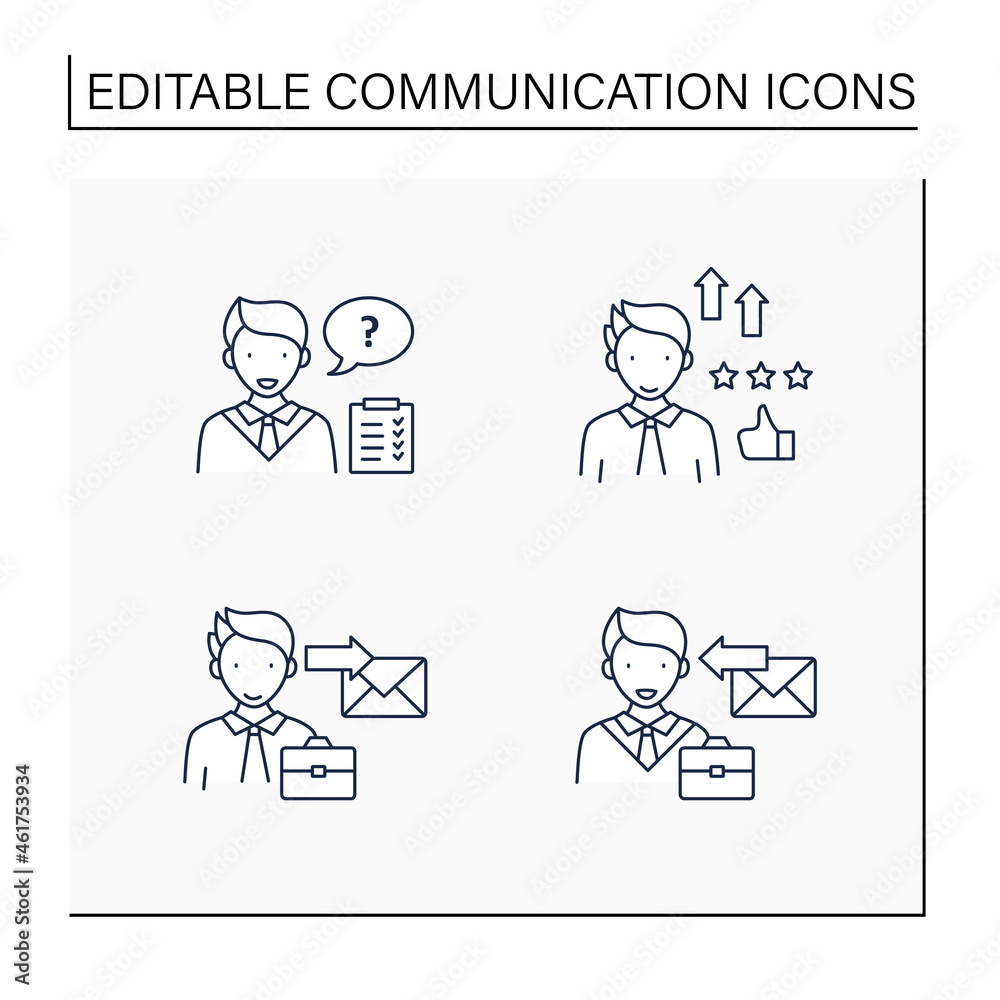 Effective communication line icons set. Self efficacy, asking questions, receiver, sender. Intercourse concept. Isolated vector illustrations.Editable stroke