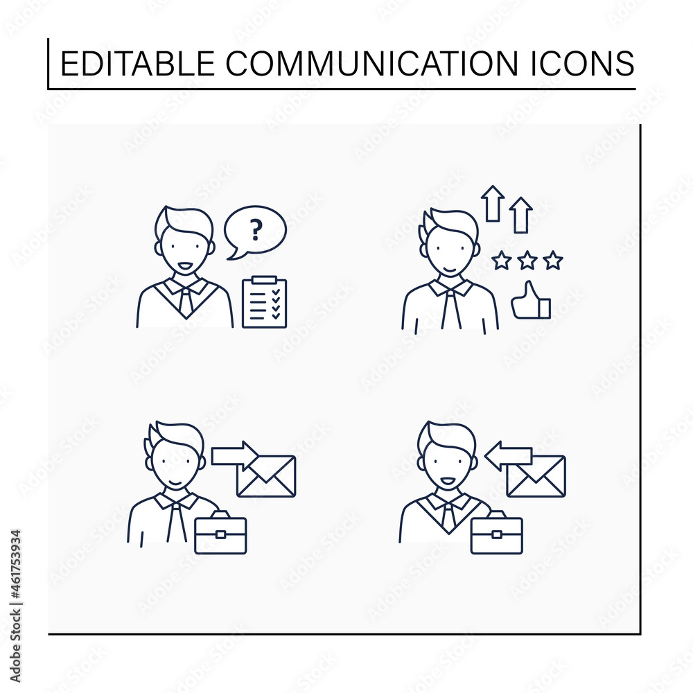 Effective communication line icons set. Self efficacy, asking questions, receiver, sender. Intercourse concept. Isolated vector illustrations.Editable stroke Effective communication line icons set. Self efficacy, asking questions, receiver, sender. Intercourse concept. Isolated vector illustrations.Editable stroke