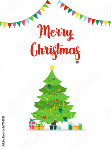 Christmas tree decorations  gifts under the tree. The concept of Christmas  New Year  holiday. The inscription Merry Christmas.