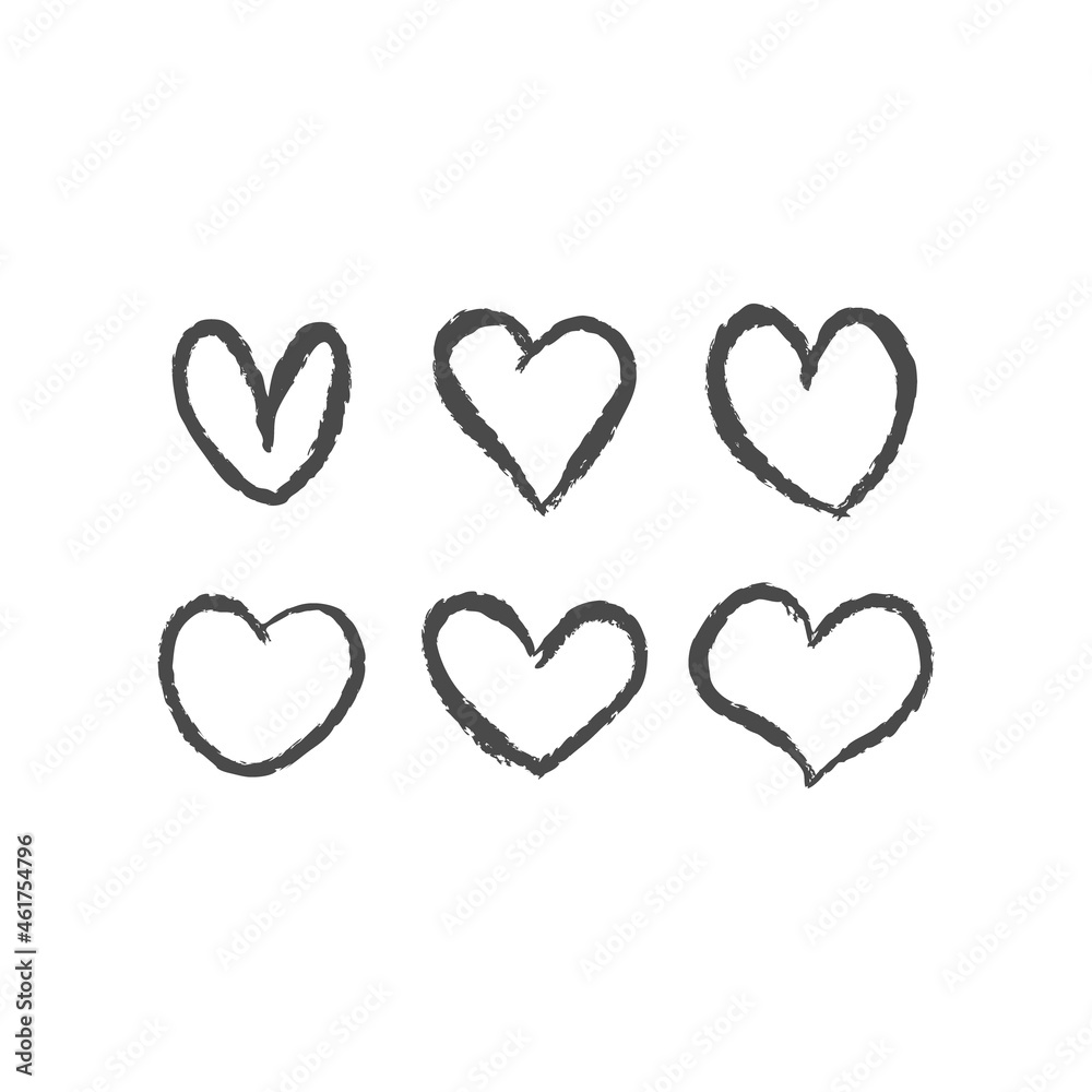 Hand drawn hearts. Set of heart grungy heart illustrations. Valentine's day love symbol design. Sketchy shape.