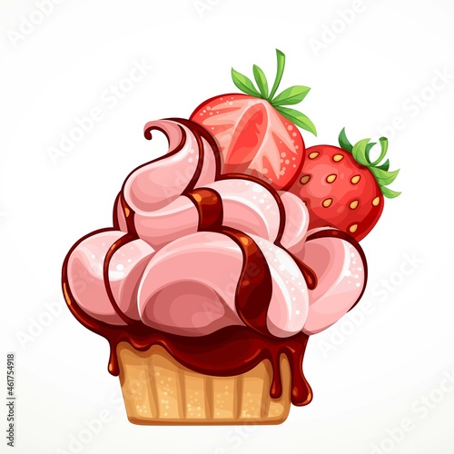 Whipped cream cake poured with chocolate mousse and garnished with strawberries isolated on a white background