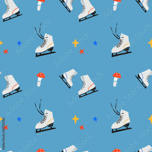 A Skates on blue background. Seamless pattern. Vector illustrations. Background for wallpaper, textile, postcards, wrapping, etc.